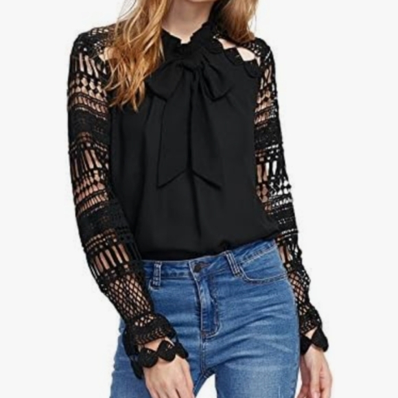 Shein women's black crochet lace front bow tie sheer bell sleeve keyhole size S - Picture 1 of 11